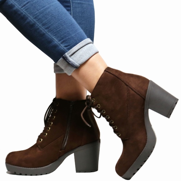 New Brown Lace Up Platform Chunky Heel Combat Ankle Boots - Picture 2 of 5